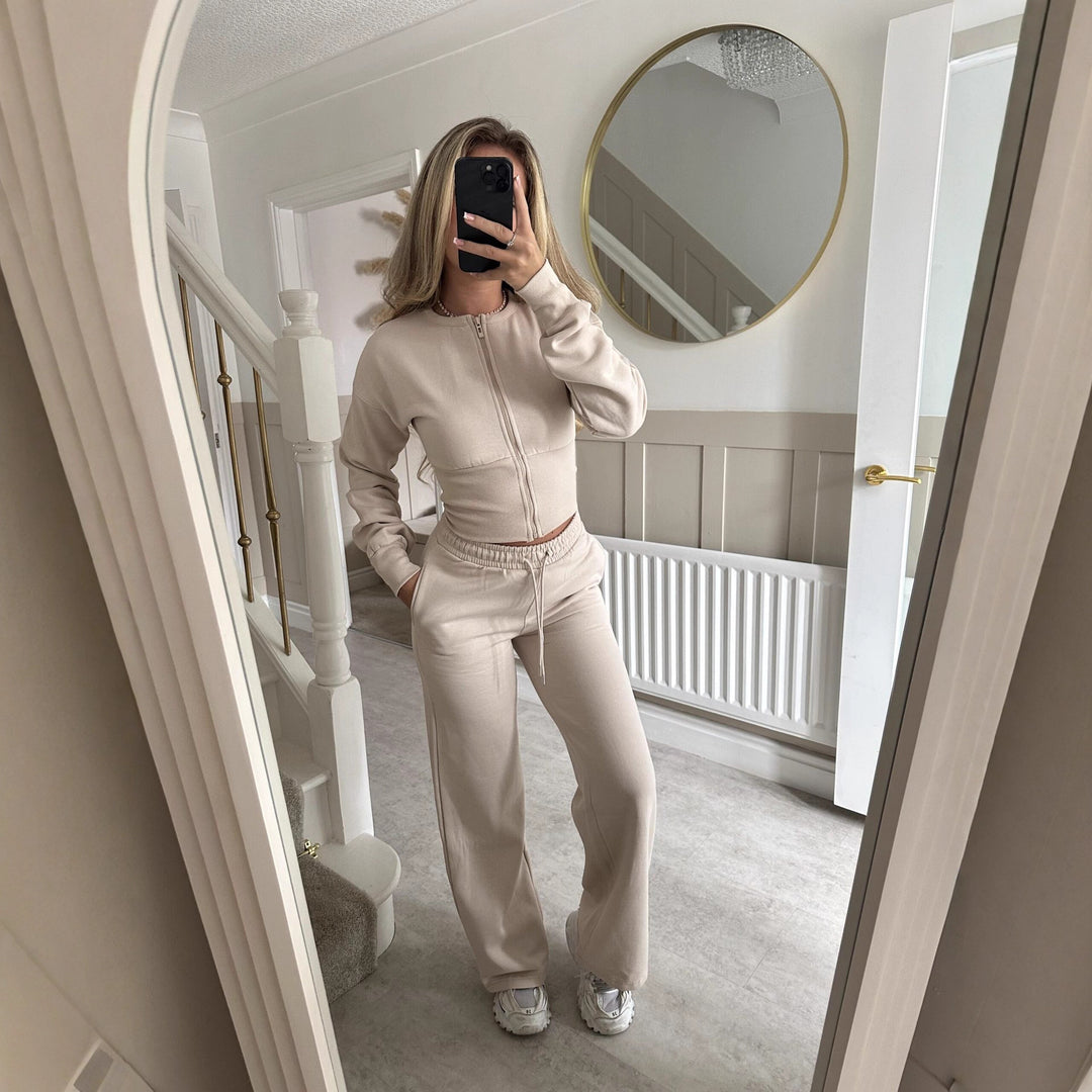 Dame Casual Cropped Hoodie og Joggebukse Sett med Elastisk Midje