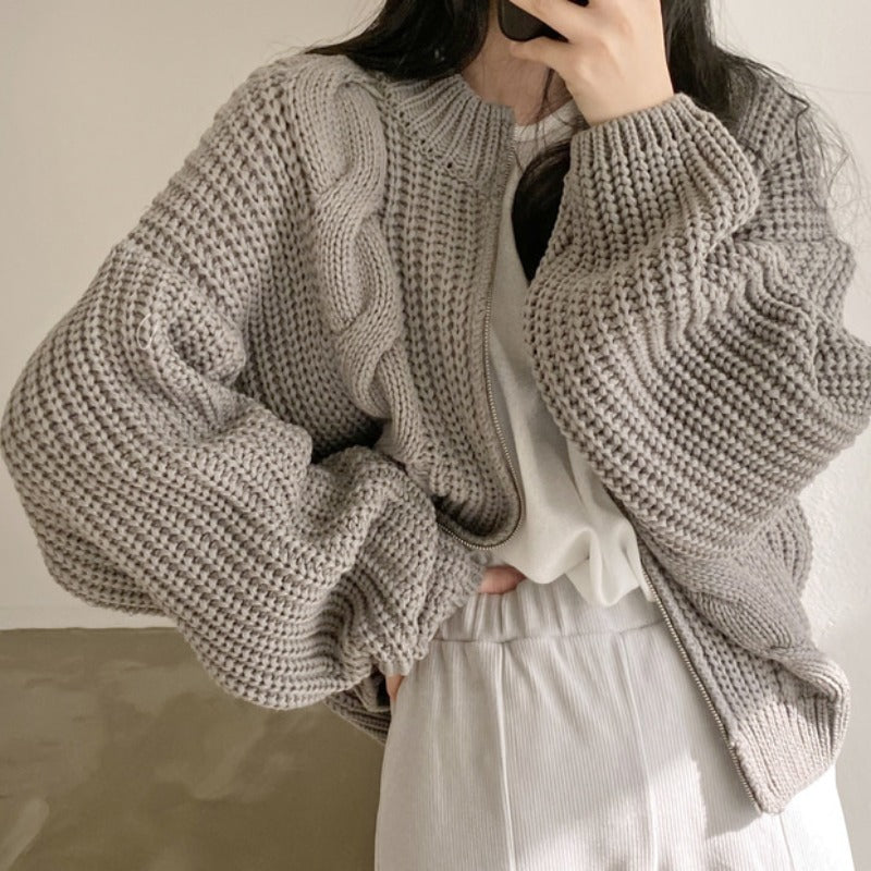 Damer chunky strikk cardigan med voluminøse ermer og åpen front Skjora