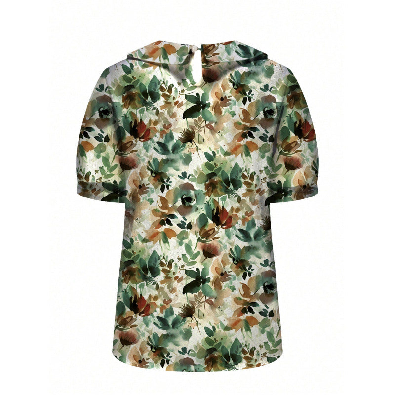 Dame kortermet bluse med florale accenter og klassisk krage Skjora
