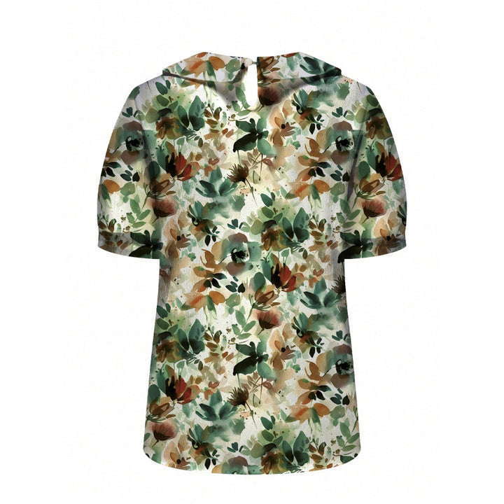 Dame kortermet bluse med florale accenter og klassisk krage Skjora