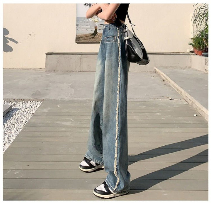 Kvinner Bred Cut Denim Jeans med Frynser og Høy Beina Skjora