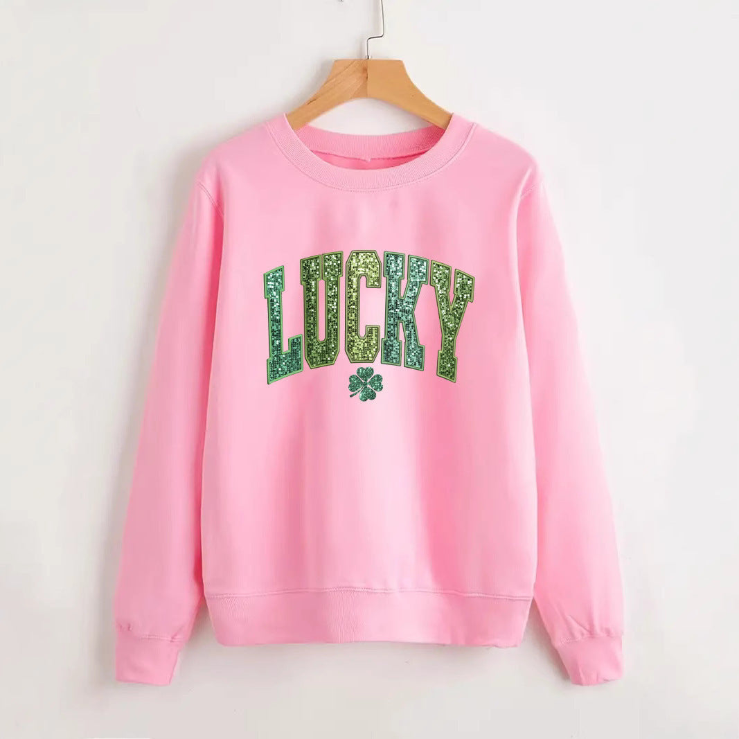 Dame uformell sweatshirt med glitrende skrift og firkløvermotiv Skjora