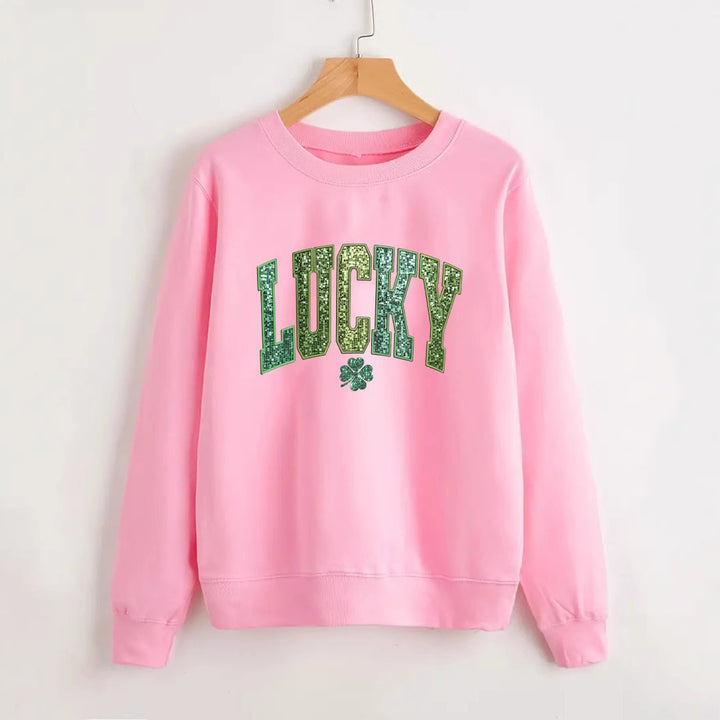 Dame uformell sweatshirt med glitrende skrift og firkløvermotiv Skjora