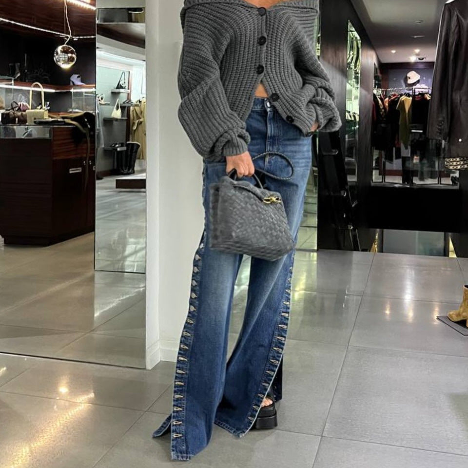 Damebredjeans med knappedekorerte splitt Skjora