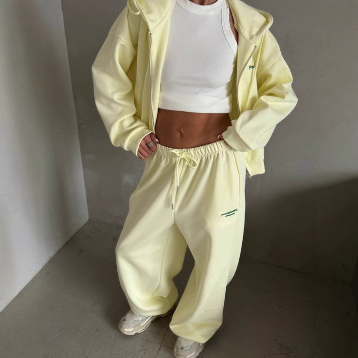 Kvinnes Casual Oversized Treningsdrakt med Stilig Krage og Elastisk Livlinje Skjora
