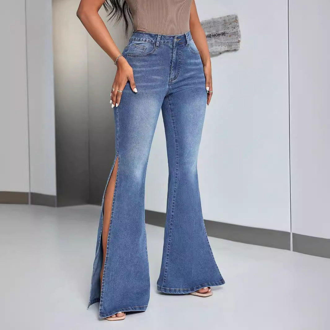 Dame elegante høyt liv flared jeans med sidelommer Skjora