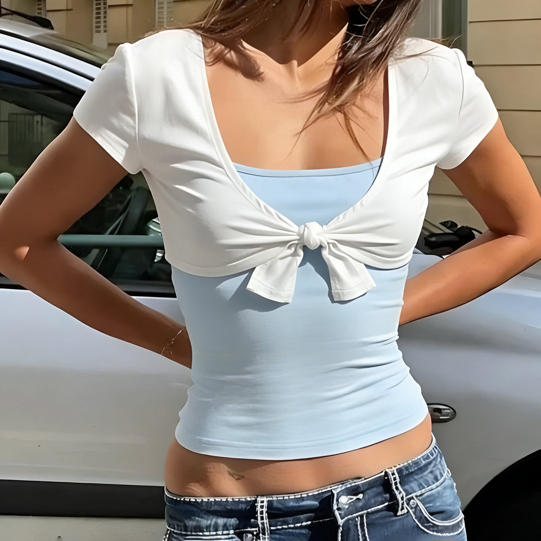 Dame casual crop-top med lekent knute-design og spaghetti-stropper Skjora