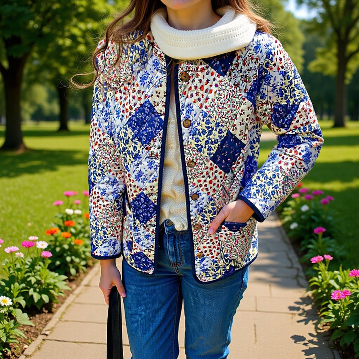 Women's patchwork quilted jacket with floral design and visible button placket Skjora