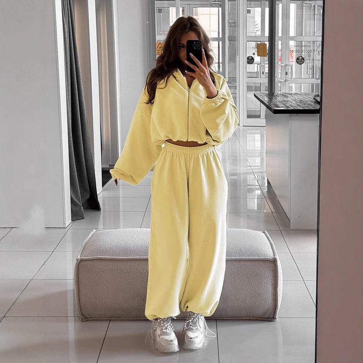Kvinnenes casual fleece-sett med kort glidelås og elastisk midje Skjora