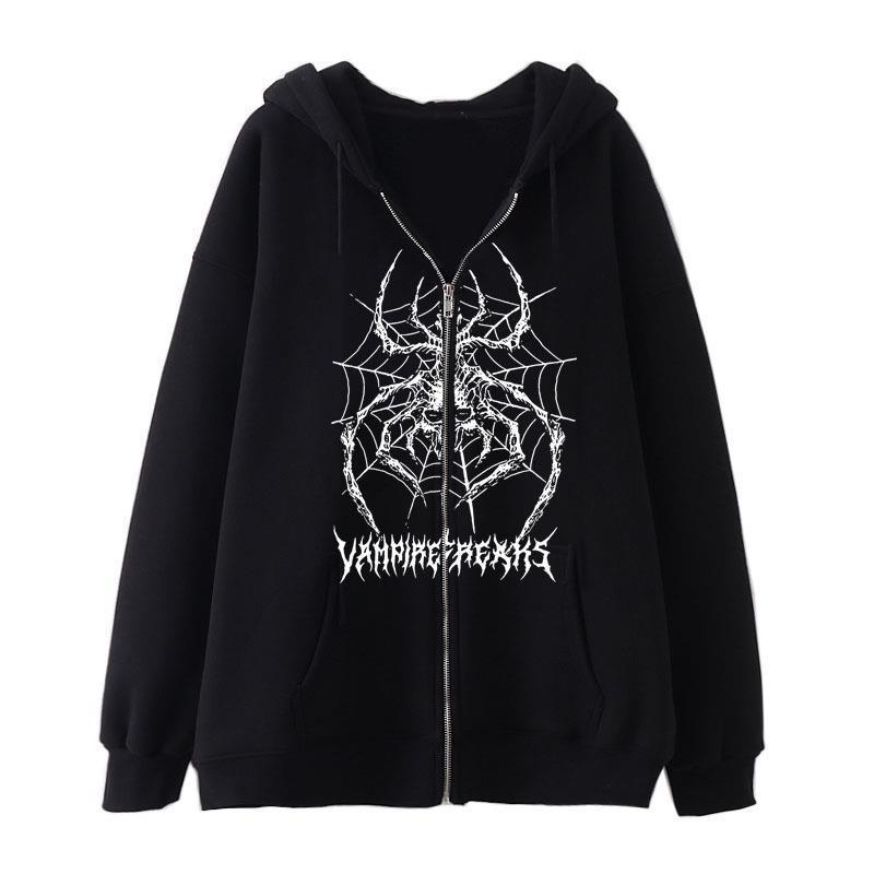 Kvinne Langermet Hoodie Jakke med Detaljert Edderkoppmotiv Skjora