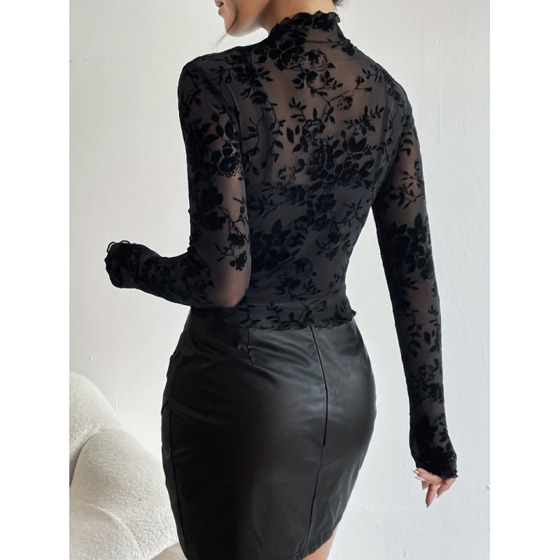 Dame Langermet T-skjorte med blomstret chiffon og transparente detaljer Skjora
