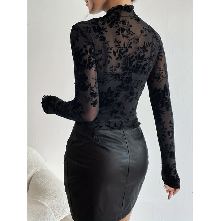 Dame Langermet T-skjorte med blomstret chiffon og transparente detaljer Skjora