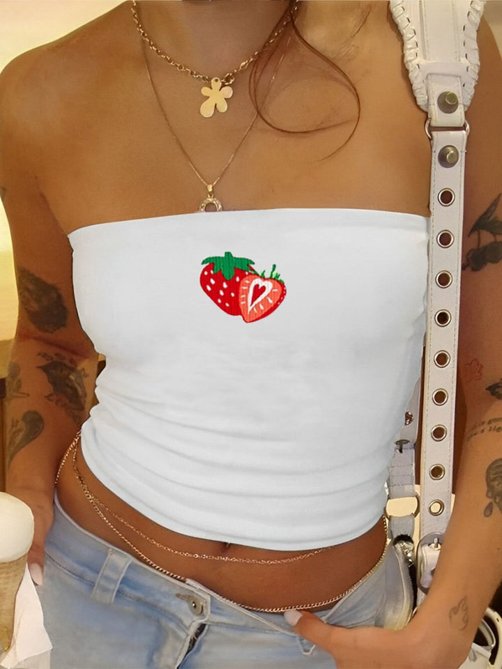 Dame bandeau topp med fruktmotiv og figursydd snitt Skjora