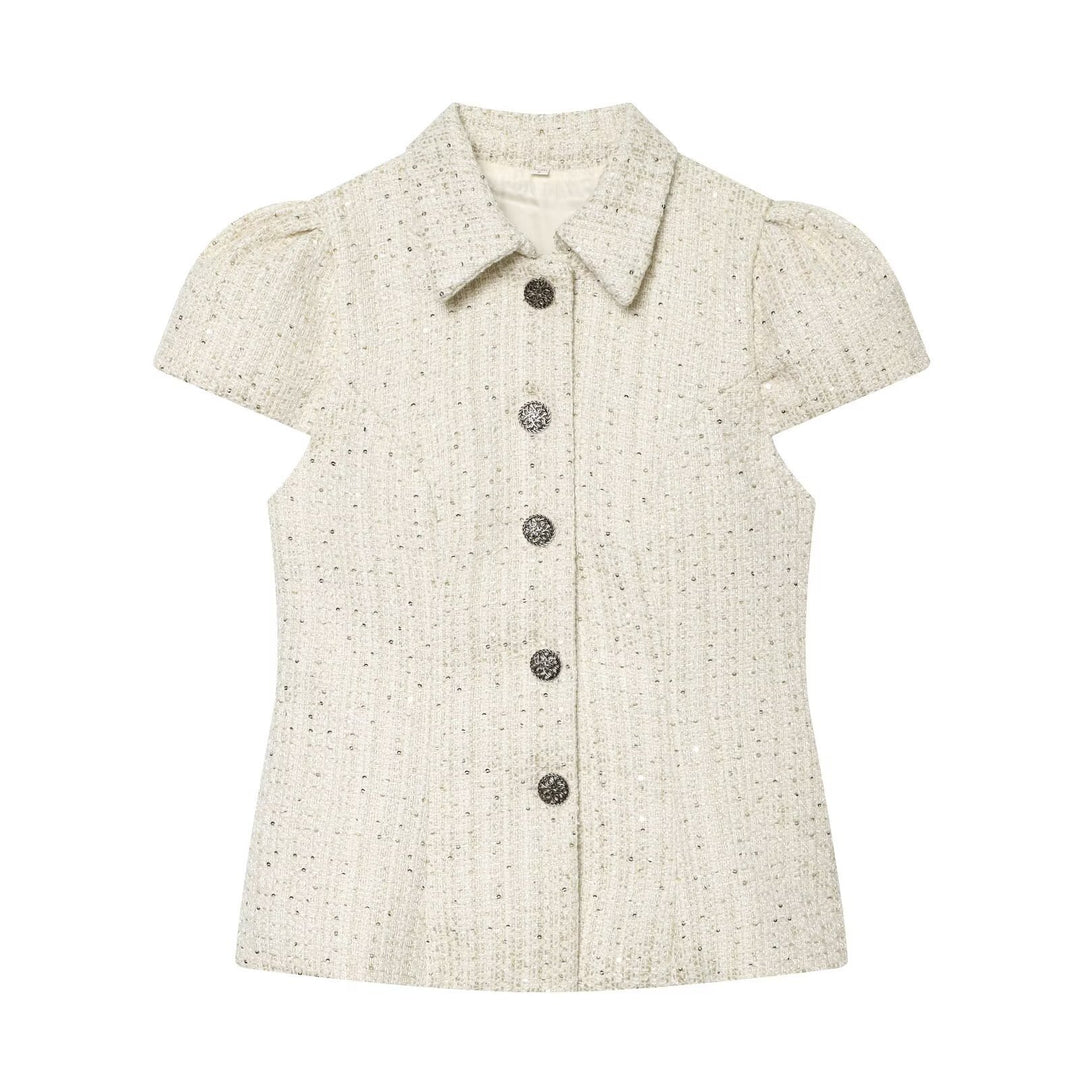 Dame elegant bluse med strukturert stoff og dekorative knapper Skjora