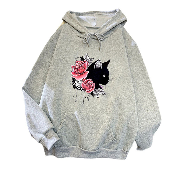 Dame hettegenser med blomstermotiv av katt Skjora