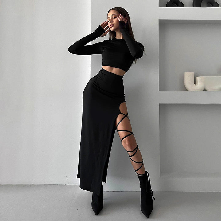 Women's Elegant Long-Sleeved High-Waisted Top with Side Slit Cut-out Skirt