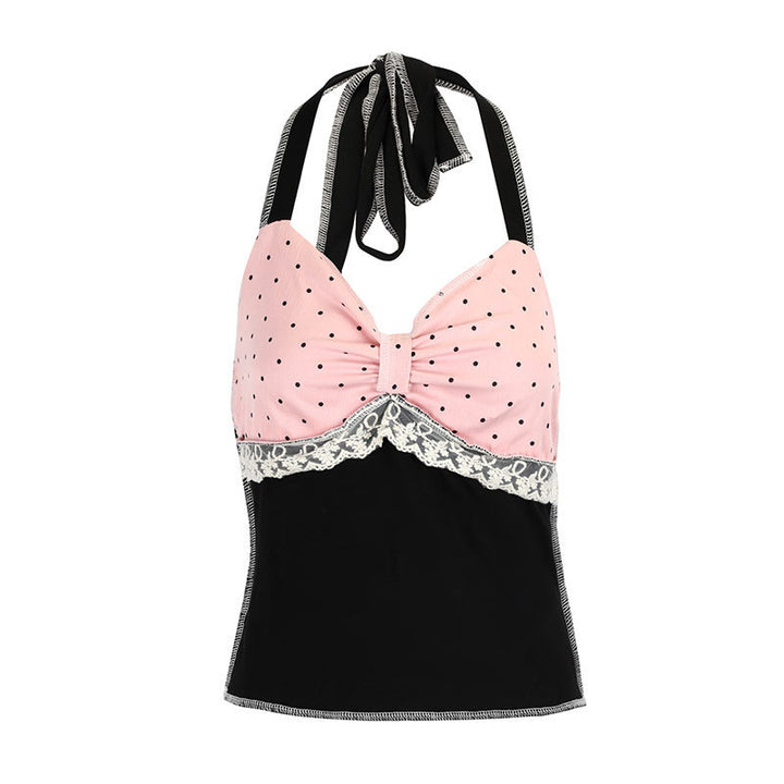 Dame halter top med romantisk spissdetalj og elegant polka prikk mønster Skjora