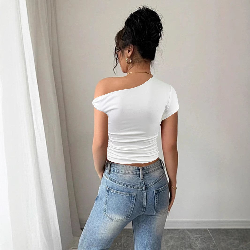 Dame Off-Shoulder Skjorte med rynker og innsnittet snitt Skjora