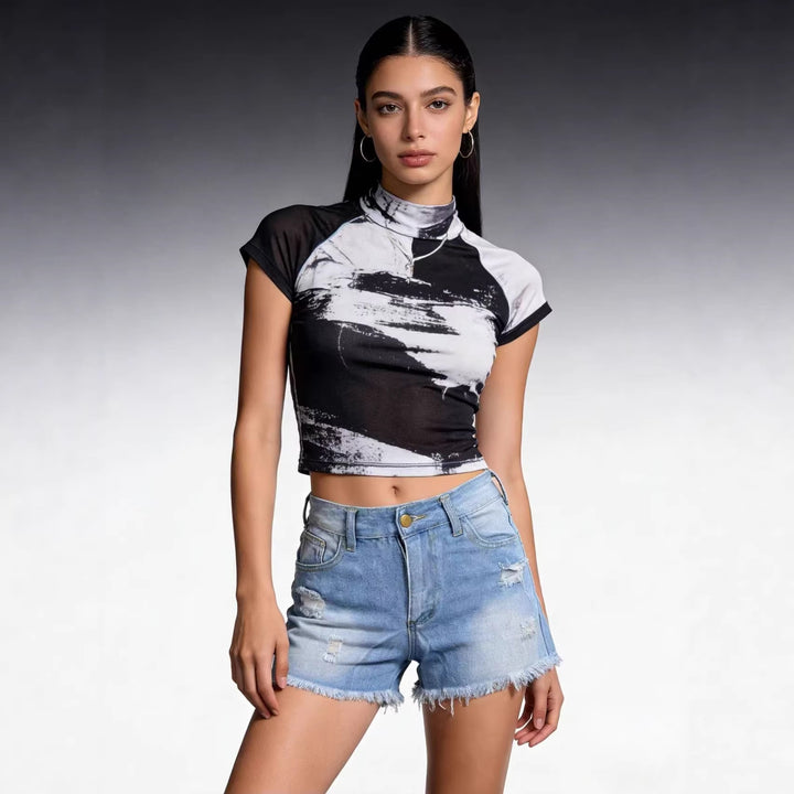 Dame Crop Top og Høyt liv Jeans-Shorts Skjora