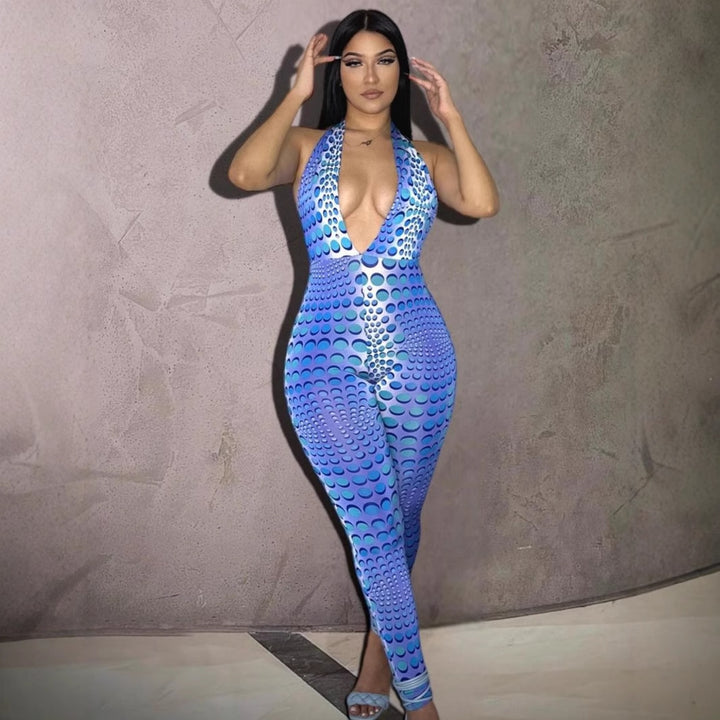 Dame Bodycon Jumpsuit med dyp V-hals og eksklusivt mønster Skjora