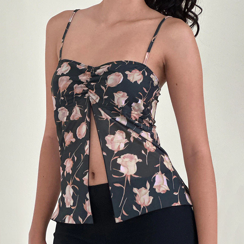 Kvinnelig cami topp med blomsterdesign og nostalgisk knyting Skjora
