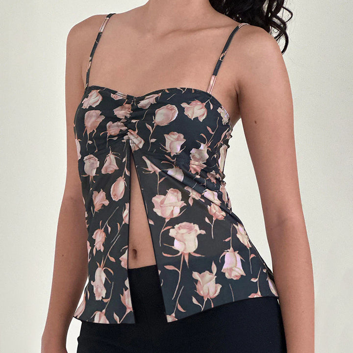 Kvinnelig cami topp med blomsterdesign og nostalgisk knyting Skjora