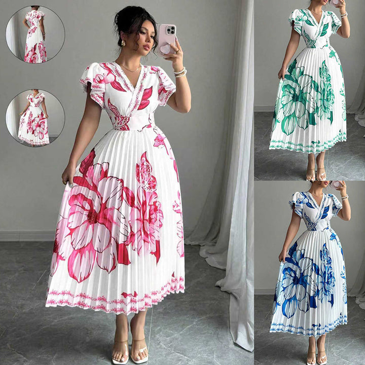 Damer Plisse Maxi Jersey Kjole med blomsterdetaljer og V-utsnitt Skjora