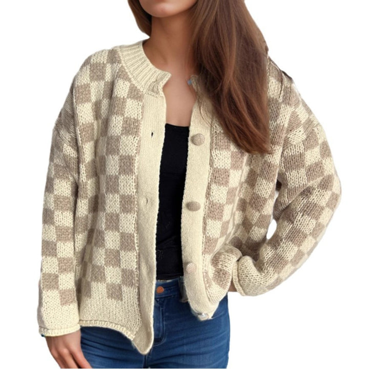 Kvinne mønstrede cardigan med store knapper og løs passform Skjora
