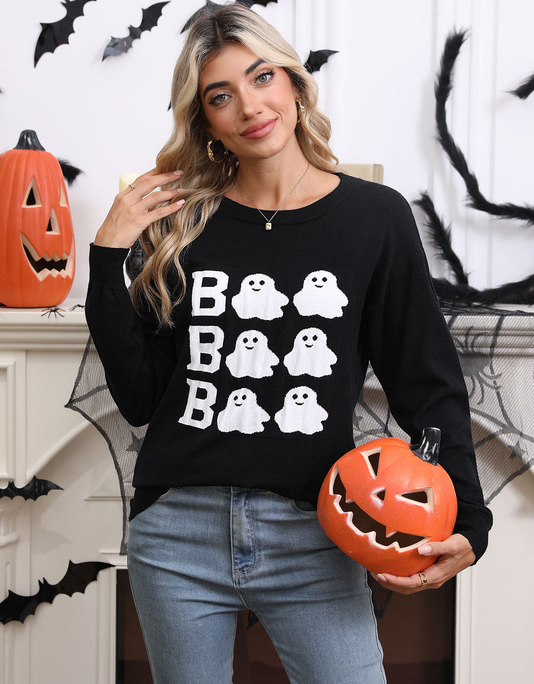 Kvinne Strikket Halloween Genser med Spøkelse Motiv og Løs Passform Skjora