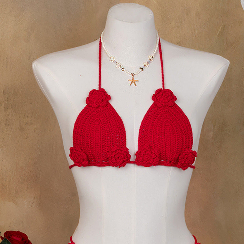 Damen Häkel-Bikini-Oberteil mit floralen Akzenten und verstellbaren Trägern Skjora