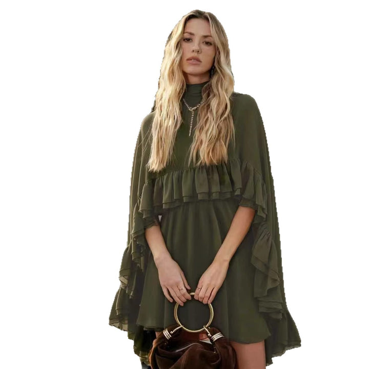 Dame Elegant rynkedress med høy hals og flytende snitt Skjora