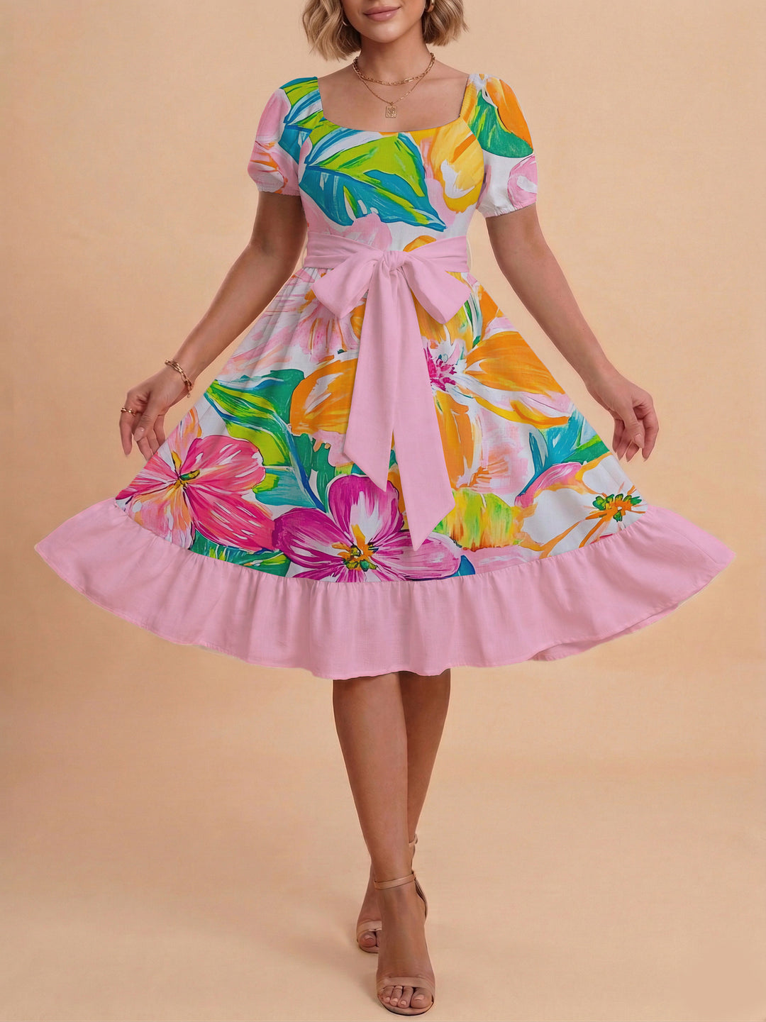 Damen Sommerkleid mit floralem Puffärmel und taillierbarem Gürtel Skjora