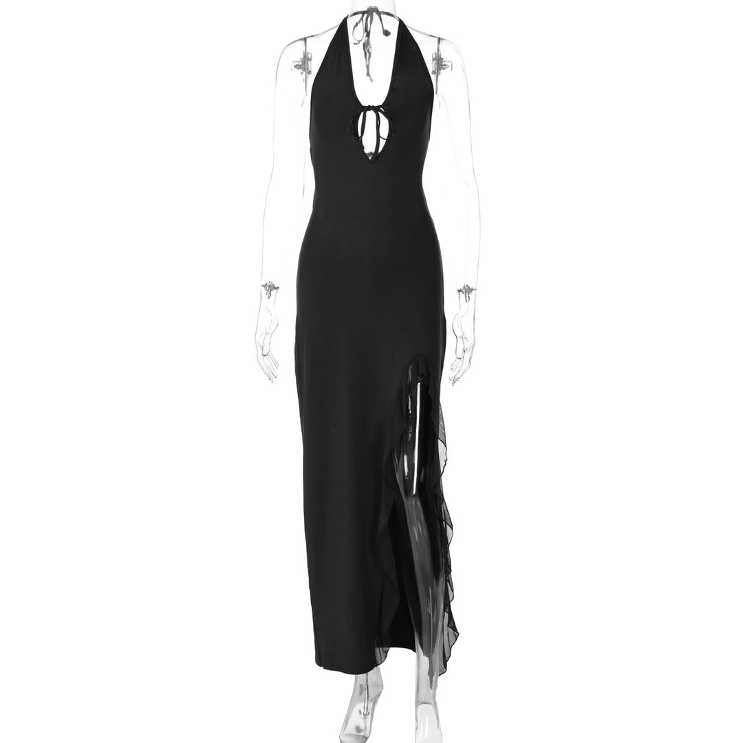 Damer elegant halterneck maxikjole med sidelangs rysjedel og dyp V-hals Skjora