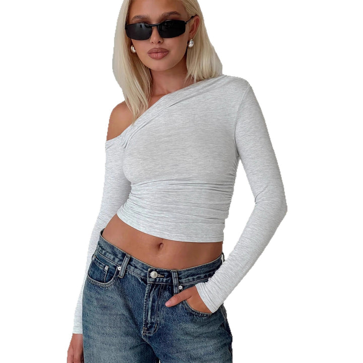 Dame Off-Shoulder Rynkeskjorte med lange ermer og elegant design Skjora