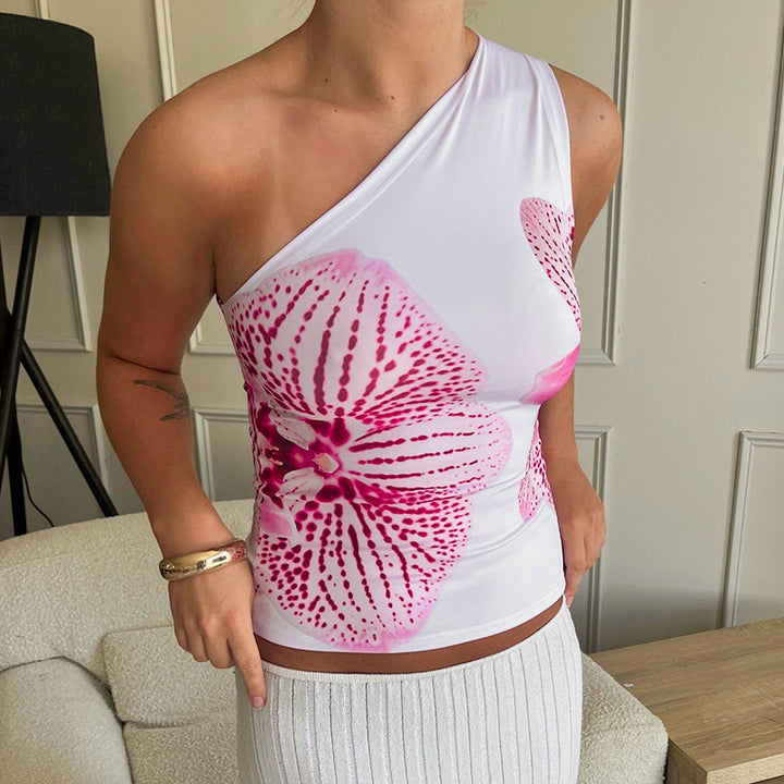 Dame asymmetrisk stroppet skjorte med blomstertrykkdesign Skjora