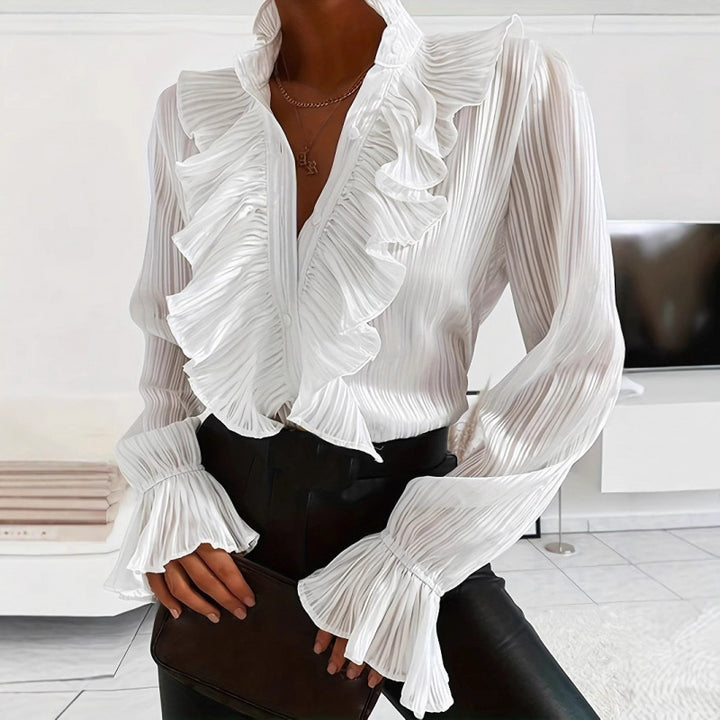 Dame Plissé Bluse med volangdetaljer og elegante volanger Skjora