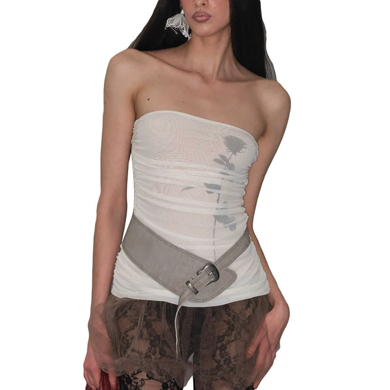 Dame Bandeau-top med rynk og transparent stoff Skjora