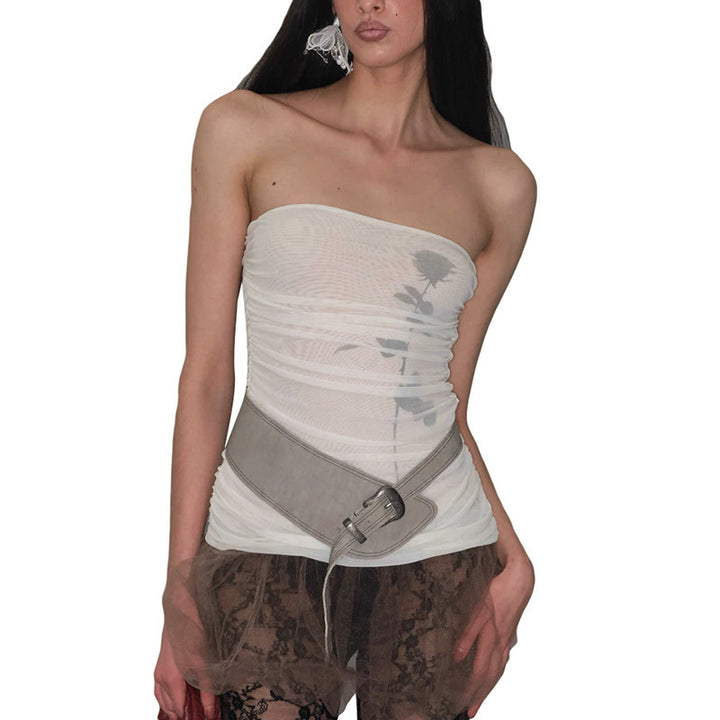 Dame Bandeau-top med rynk og transparent stoff Skjora
