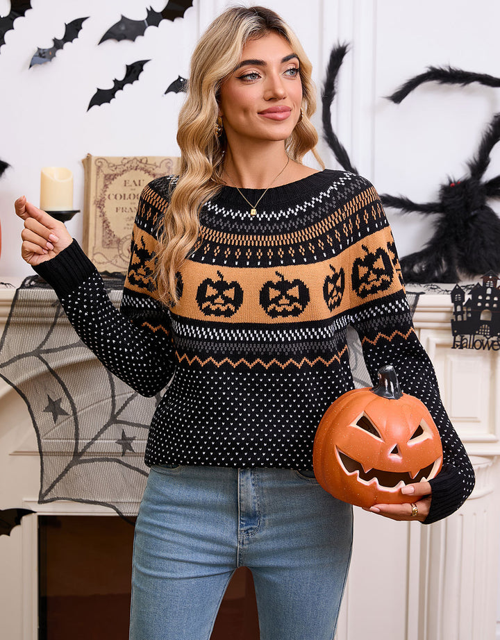 Kvinnes strikkegenser med Halloween-motiv og fin strikketekstur Skjora
