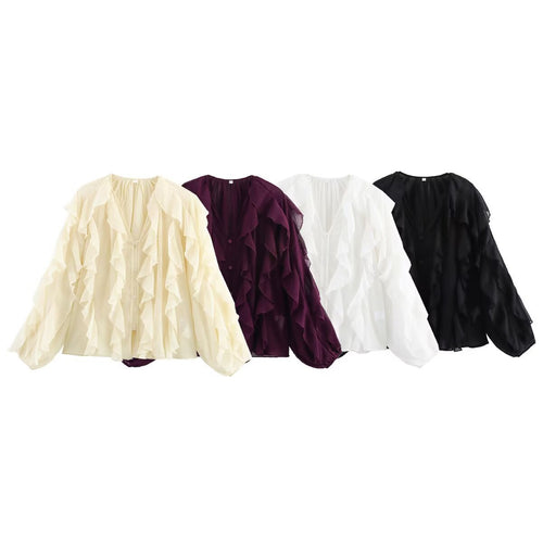 Kvinnes Elegant Volang Bluse med Voluminøse Ermer Skjora