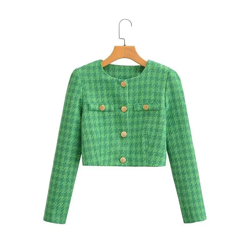 Dame Kort Boucle Jakke med Elegant Rutete Mønster Skjora