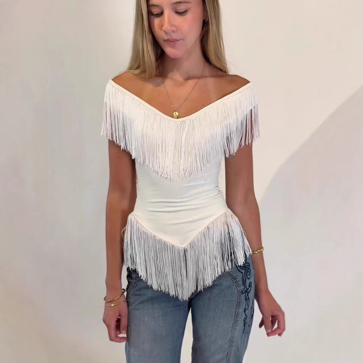 Dame Top med frynsete detalj og off-shoulder-design Skjora