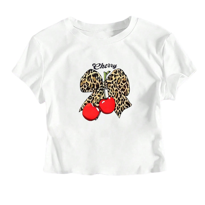 Dame Crop-T-skjorte med lekent leopard-sløyfemotiv og fruktig trykk Skjora