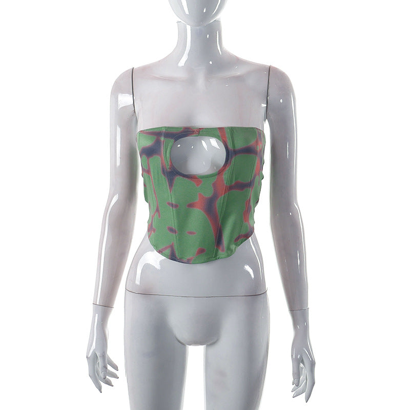 Dame Bandeau-top med kreativ cut-out og moderne ruter mønster Skjora