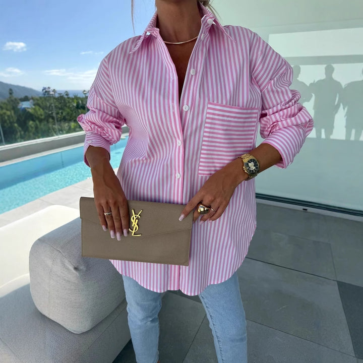 Kvinne casual skjorte bluse med klassisk stripemønster og pålagt brystlomme Skjora