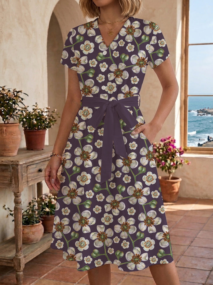 Damen Midikleid mit floralem Muster und Taillengürtel Skjora