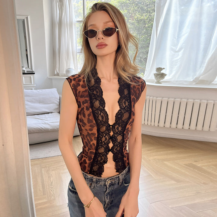 Dame Sexy Spetstopp med Leopardskjema Skjora