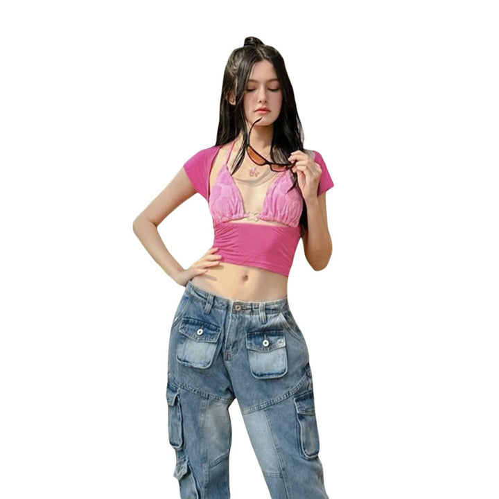 Dame Crop Top med leken akvarell-design og justerbar utringning Skjora