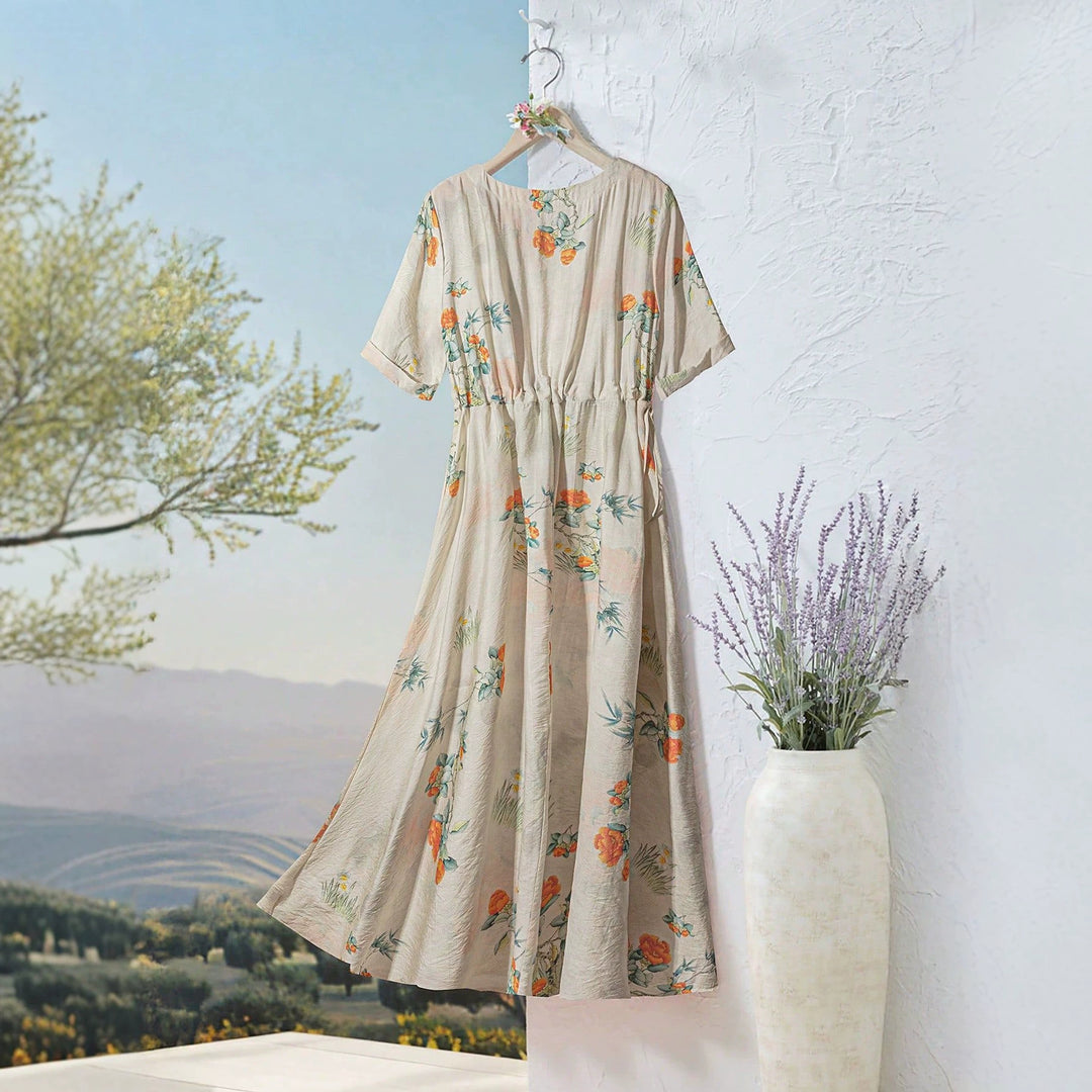 Dame Langerm Maxi-Kjole med floral design og elastisk belte Skjora