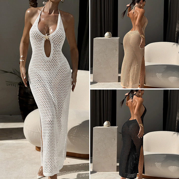 Damen Häkel-Strandkleid mit schickem Lochmuster und tiefem V-Ausschnitt Skjora